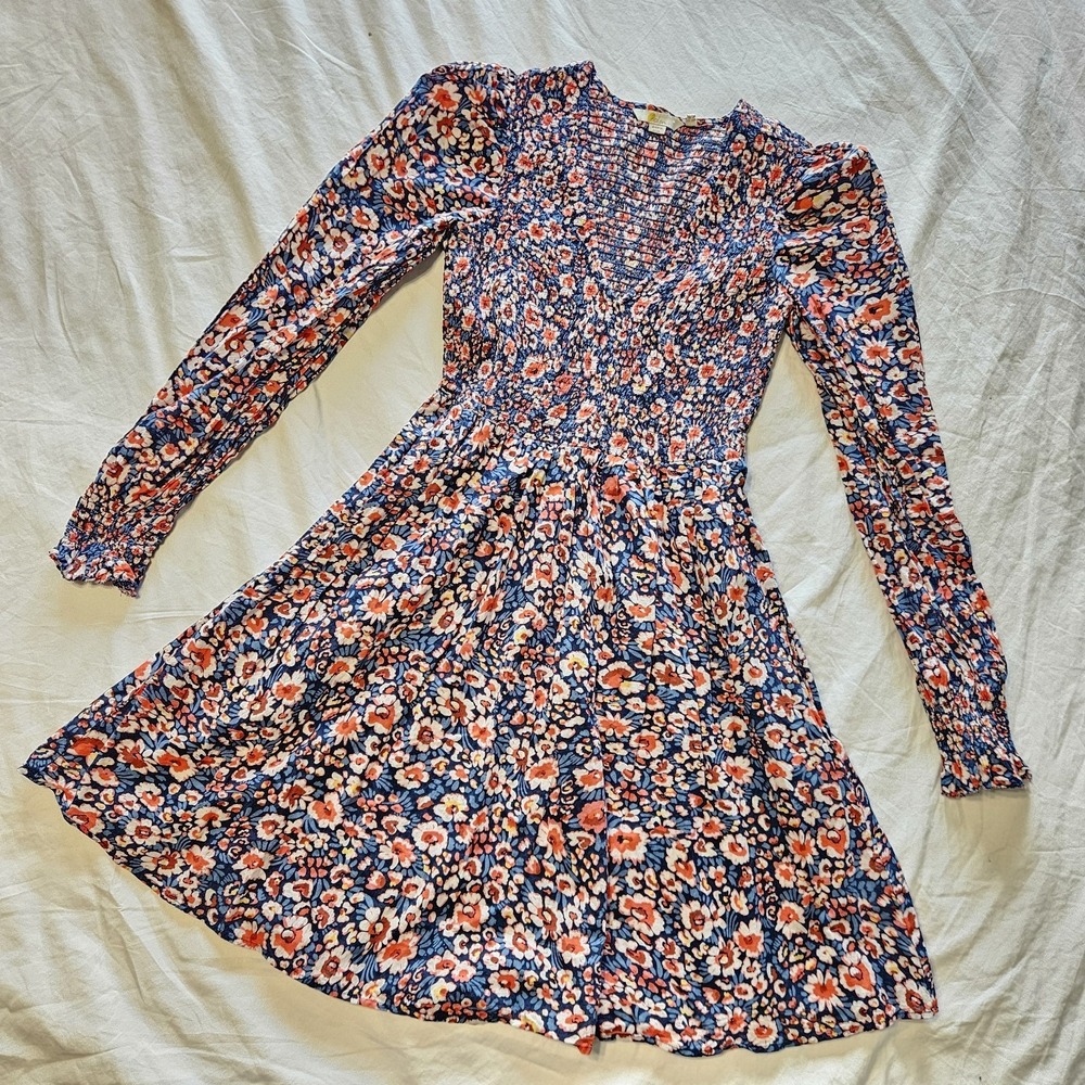 Boden‎ Shirred Bodice Floral Dress 6R Long Sleeve Puff Shoulder V-Neck Mini Boho